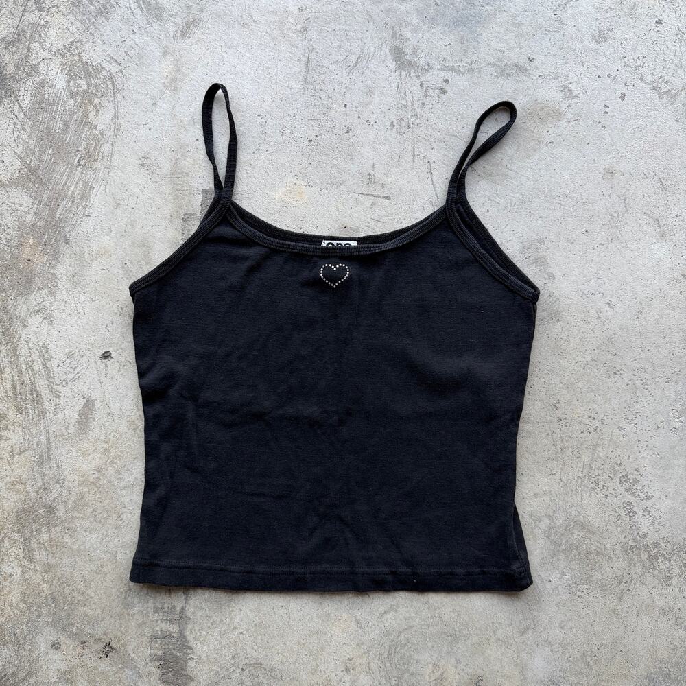 Vintage Y2K Rhinestone Heart Black Cami Tank Top Women’s L